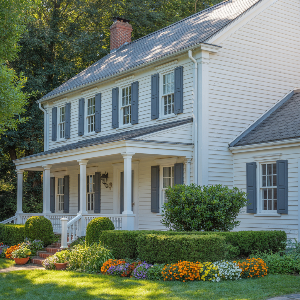 White two-story house with blue shutters, front porch, and colorful flower beds in a landscaped yard