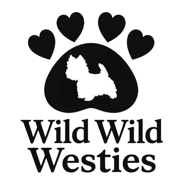 Logo: Black paw print with heart-shaped pads, Westie silhouette, and "Wild Wild Westies" text.