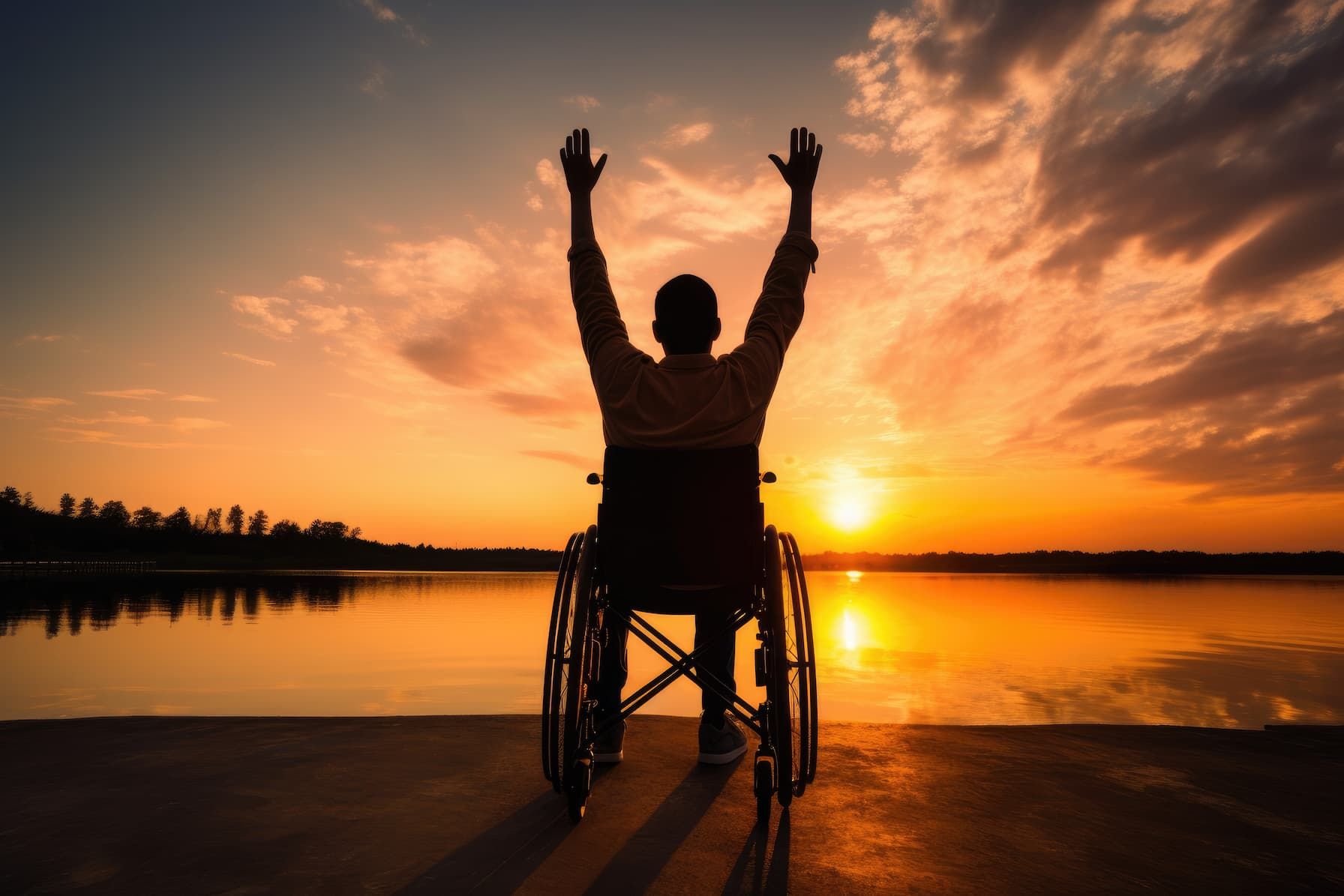 A person stands by an open van, positioning a blue wheelchair with a clear tray attached on a sunny residential street.