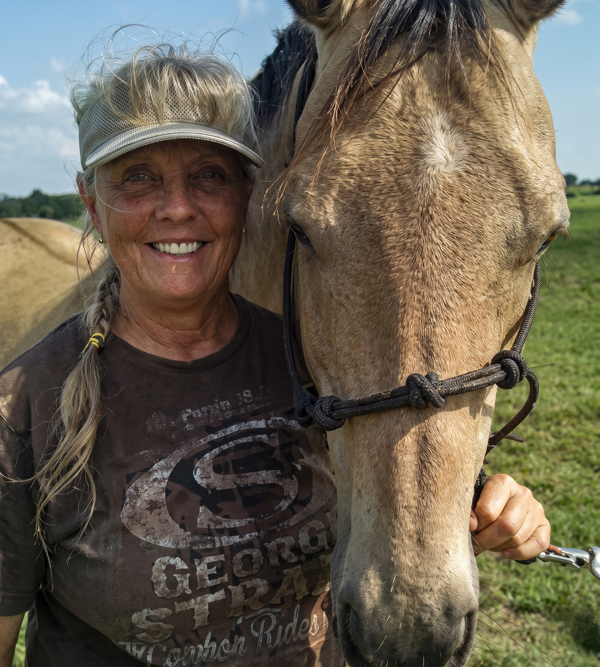 Smiling woman standing beside a horse in a sunny grassy field
