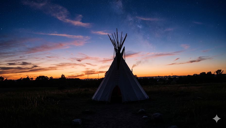 Silhouetted teepee at sunset in an open field, with orange and blue sky
