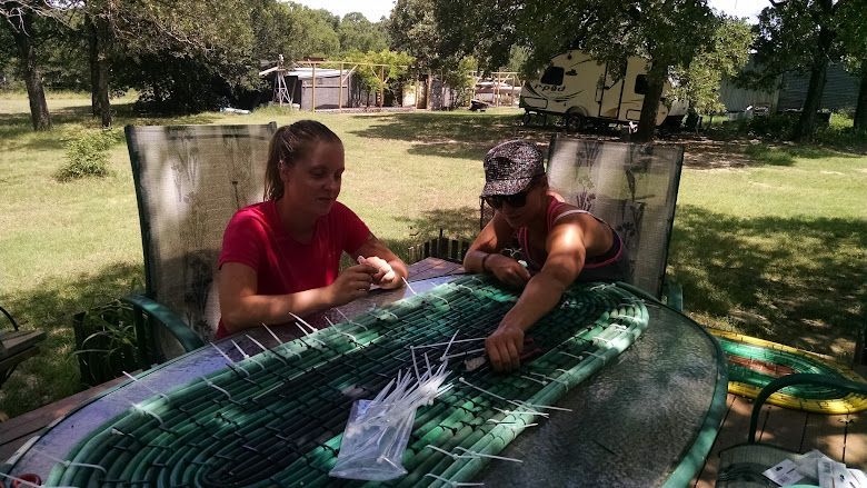 Two people lean over a green mesh table outdoors, examining something together in a sunny yard.