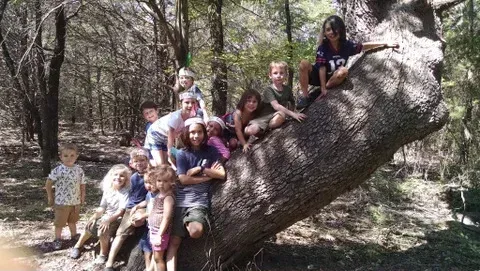 Group of people posing on a large fallen tree in a wooded area, smiling at the camera.