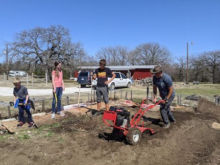 People using a red tiller in a dirt garden bed outdoors on a sunny day