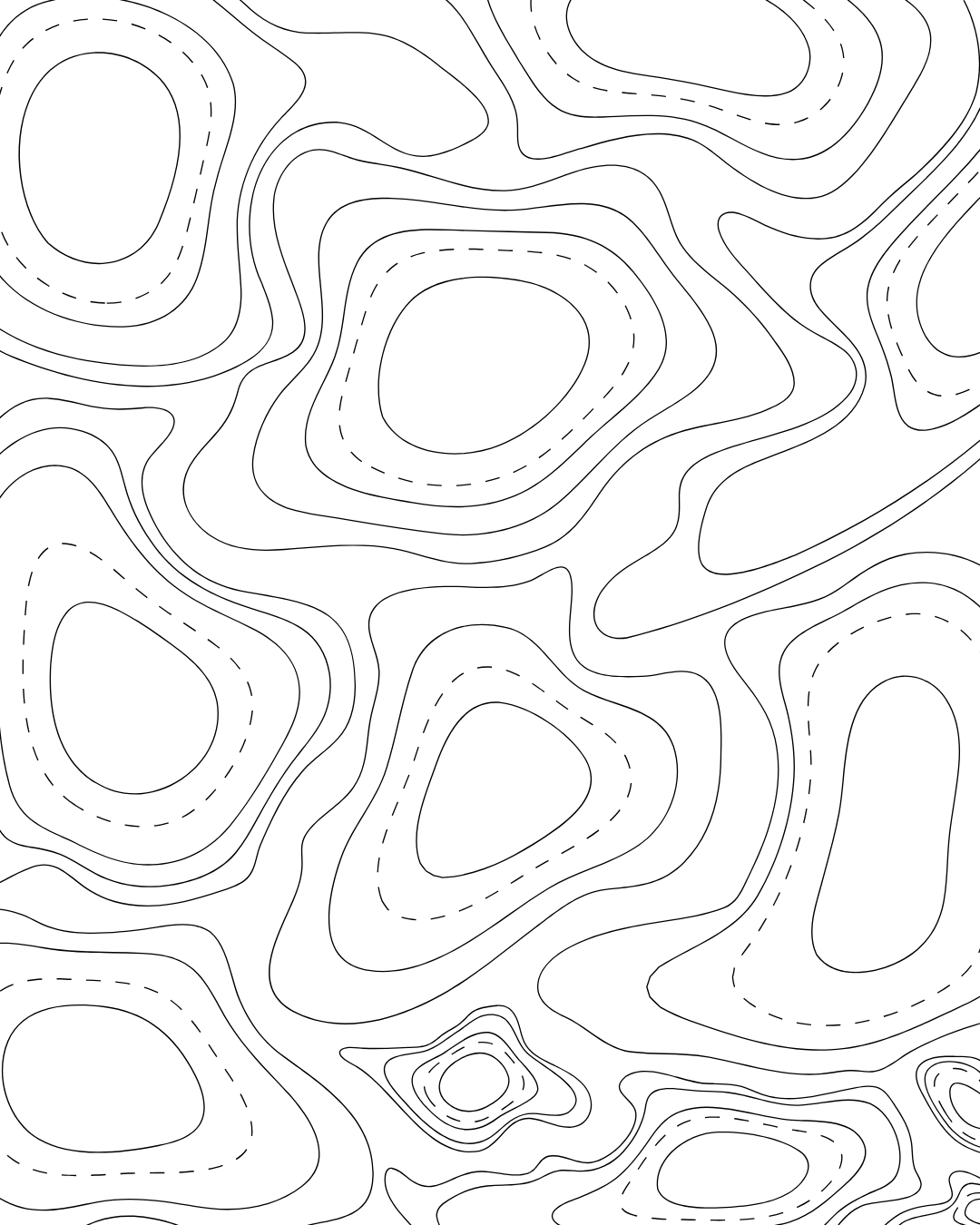 Black and white topographical map showing various contour lines representing terrain elevation.