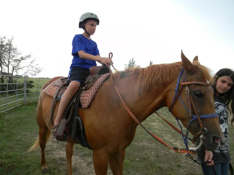 Child wearing a helmet riding a brown horse outdoors, with an adult walking beside it