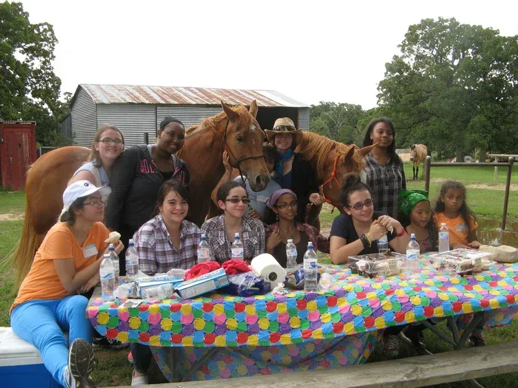 Group seated at a colorful picnic table with two horses in a grassy park.