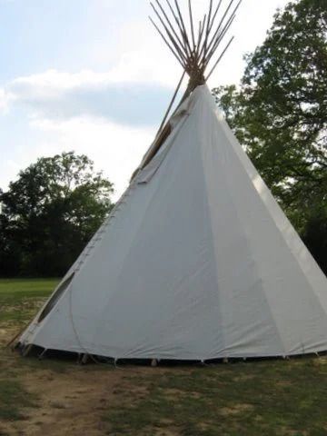 White teepee tent with wooden poles, standing on grass in an open field.