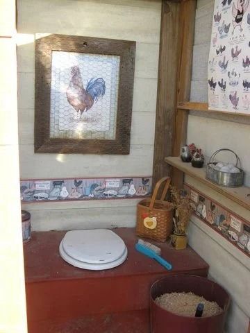 Small kitchen counter with a white scale, framed rooster art, wicker basket, and red bowl on a tiled wall.