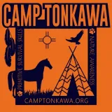 Orange and black logo for Camp Tonkawa featuring a horse, tipi, hawk, feathers, and web address, set in a square frame.