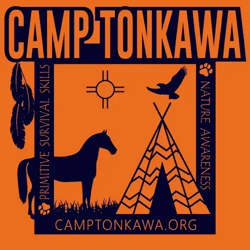 Orange and black logo for Camp Tonkawa featuring a horse, tipi, hawk, feathers, and web address, set in a square frame.