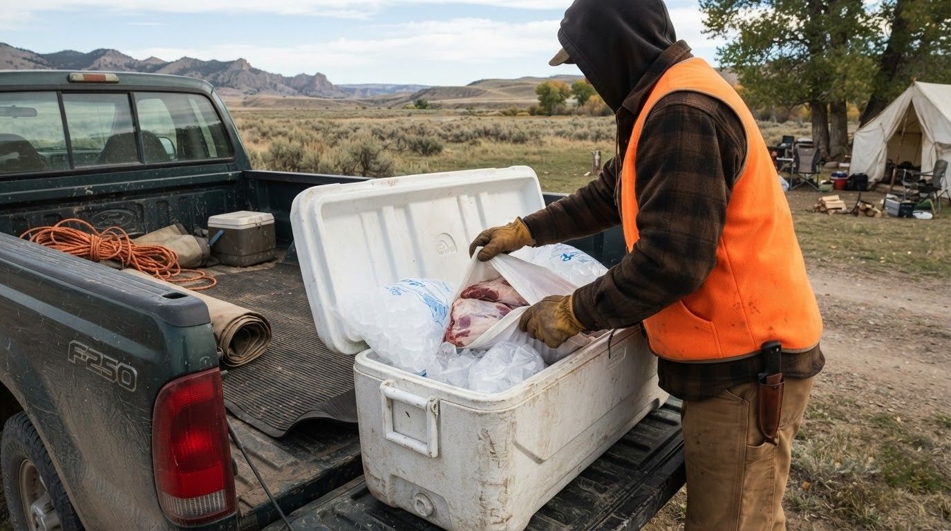 Person in orange safety vest loading supplies into a white cooler beside a pickup truck outdoors