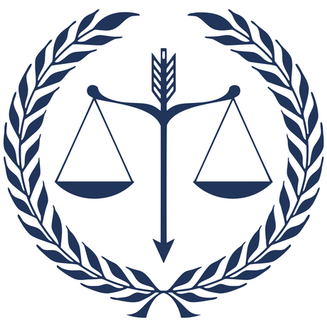 Navy blue justice scales with a sword and laurel wreath emblem on a white background