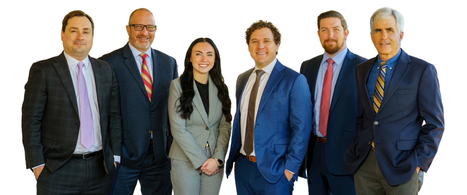 Six professionals posed side by side in suits on a white background.