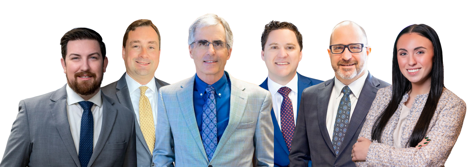 Six professionals posed side by side in suits on a white background.