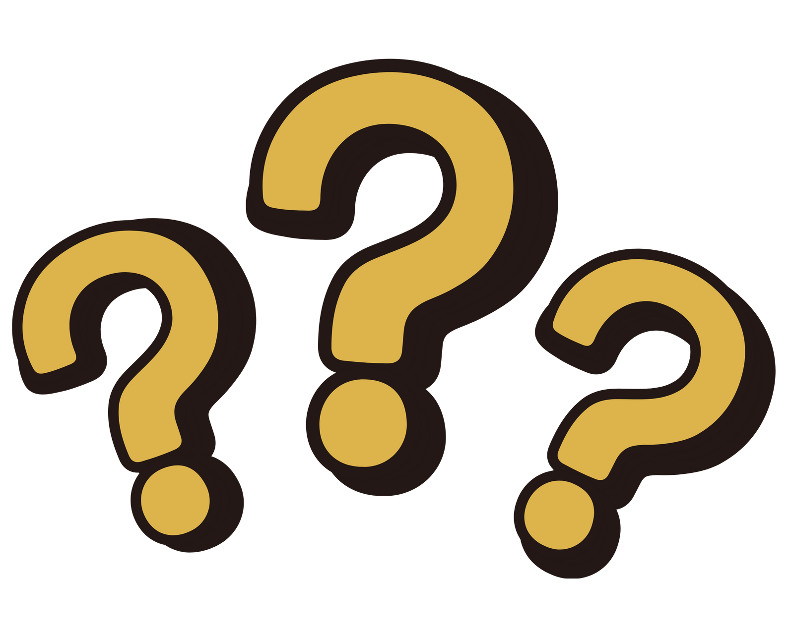 Three gold question marks on a white background.