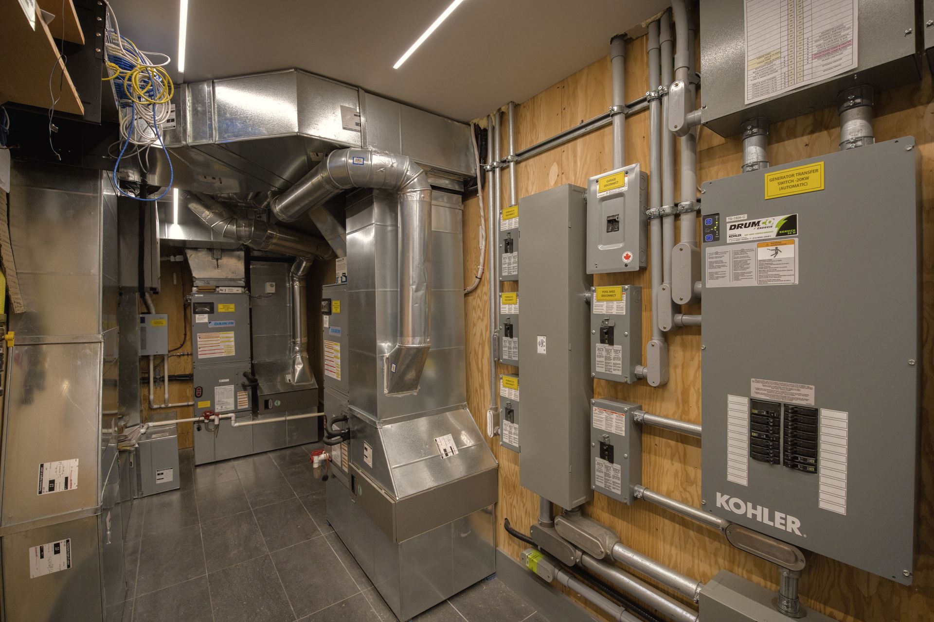 HVAC and electrical equipment in a mechanical room: ducts, panels, conduits, and a Kohler panel.