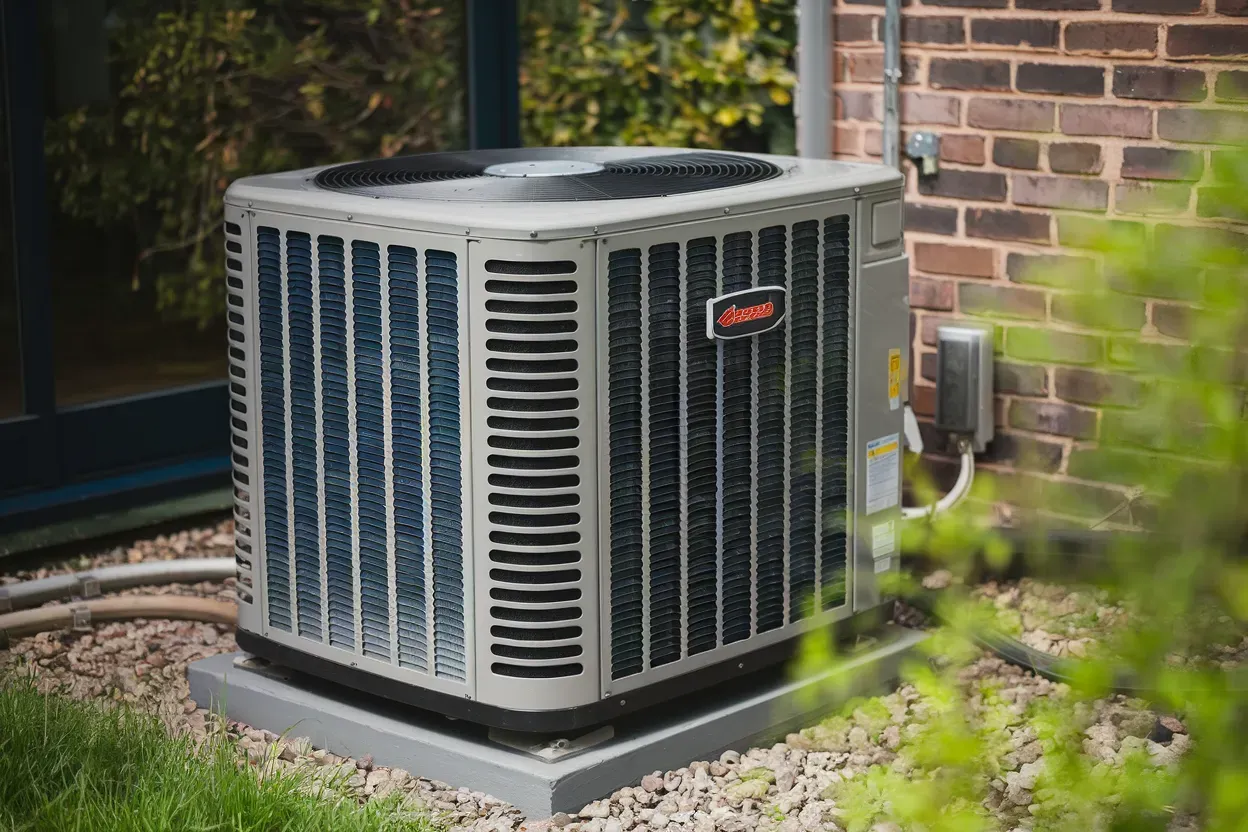 Exterior air conditioning unit next to a brick building.
