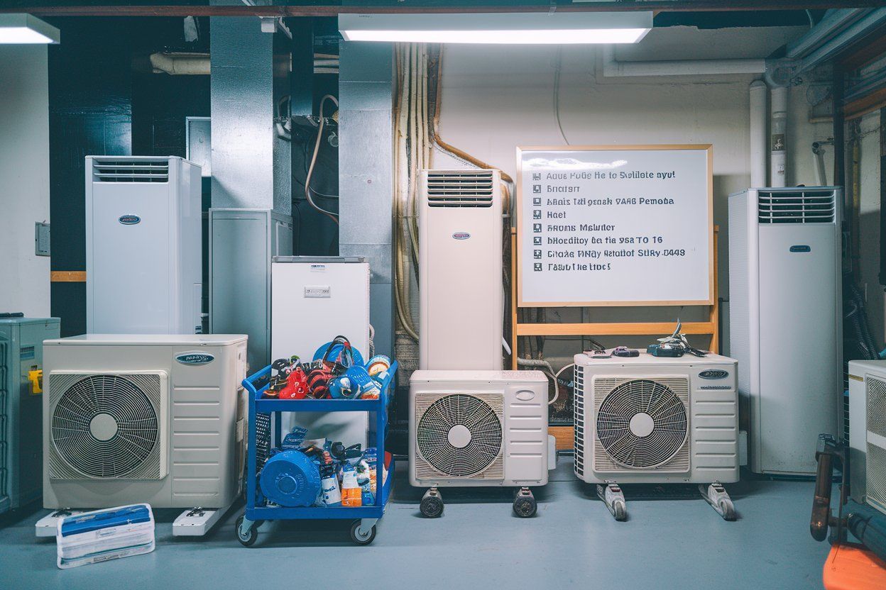 Air conditioning units of various sizes in a room with a whiteboard and supply cart.
