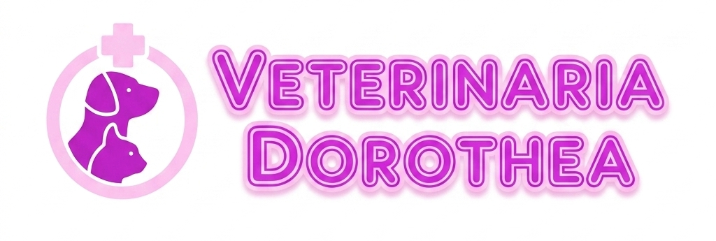 Logotipo rosa de “Veterinaria Dorothea” con la silueta de una mascota dentro de un corazón.