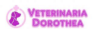 Logotipo de Veterinaria Dorothea con la silueta de una mascota rosa y un icono de cruz sobre un fondo blanco.