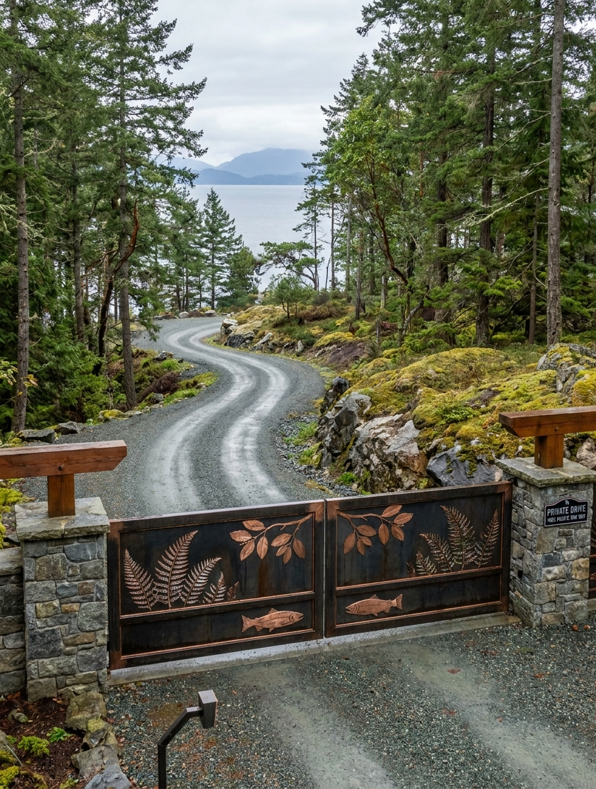 Gravel driveway through a forest gate overlooking water and distant mountains