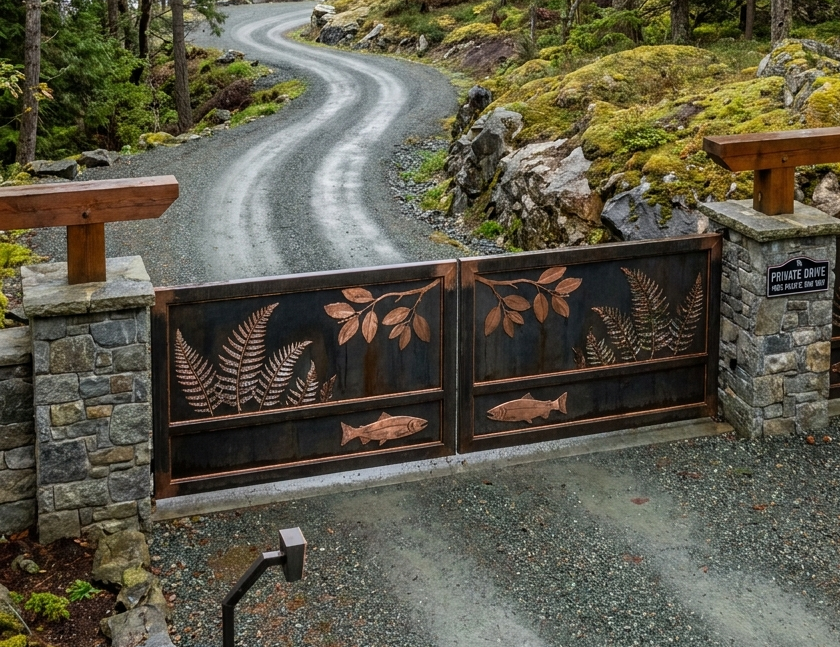 Closed metal gate at the start of a winding gravel driveway in a mossy forest setting