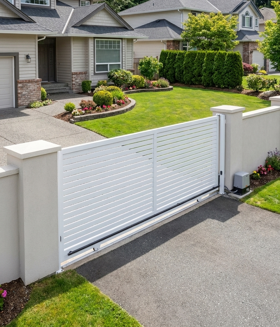 White driveway gate beside a suburban house and manicured front lawn