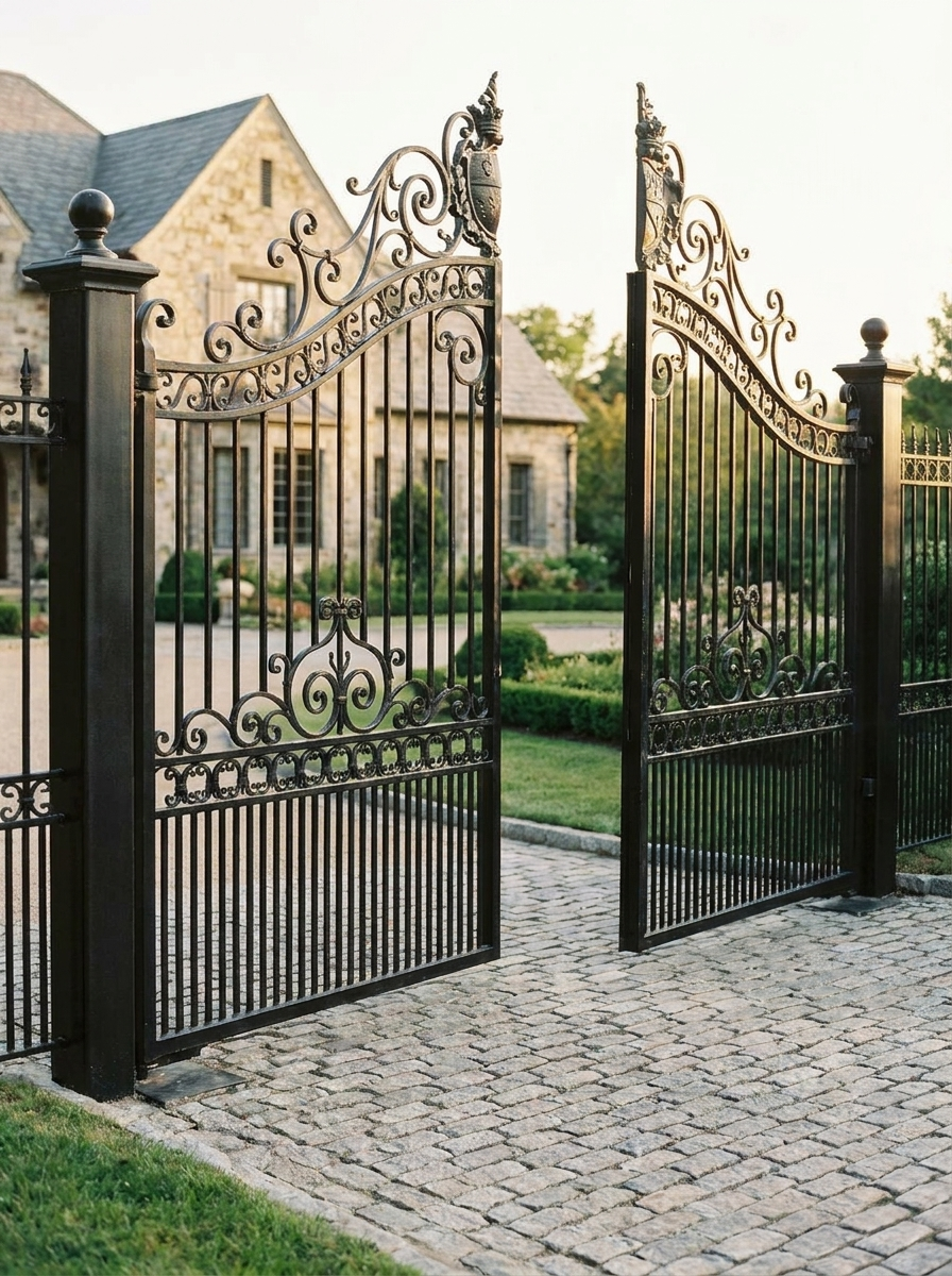 Open black wrought-iron gate in front of a stone house with a cobblestone driveway