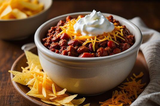 A bowl of chili with sour cream , cheese and tortilla chips on a plate.