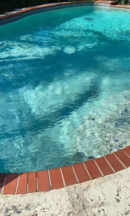 A large swimming pool with blue water and a brick border.