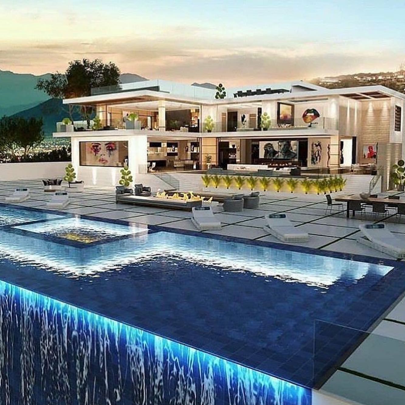 A large house with a swimming pool in front of it