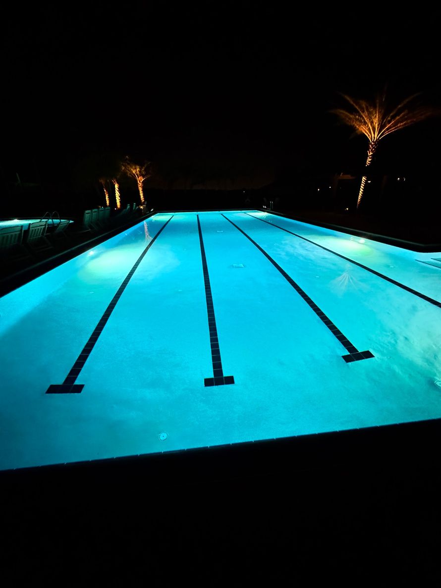 There is a large swimming pool with a slide in the backyard.