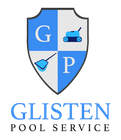 The logo for glisten pool service is a shield with a lawn mower and a broom.