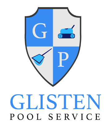 The logo for glisten pool service is a shield with a lawn mower and a broom.