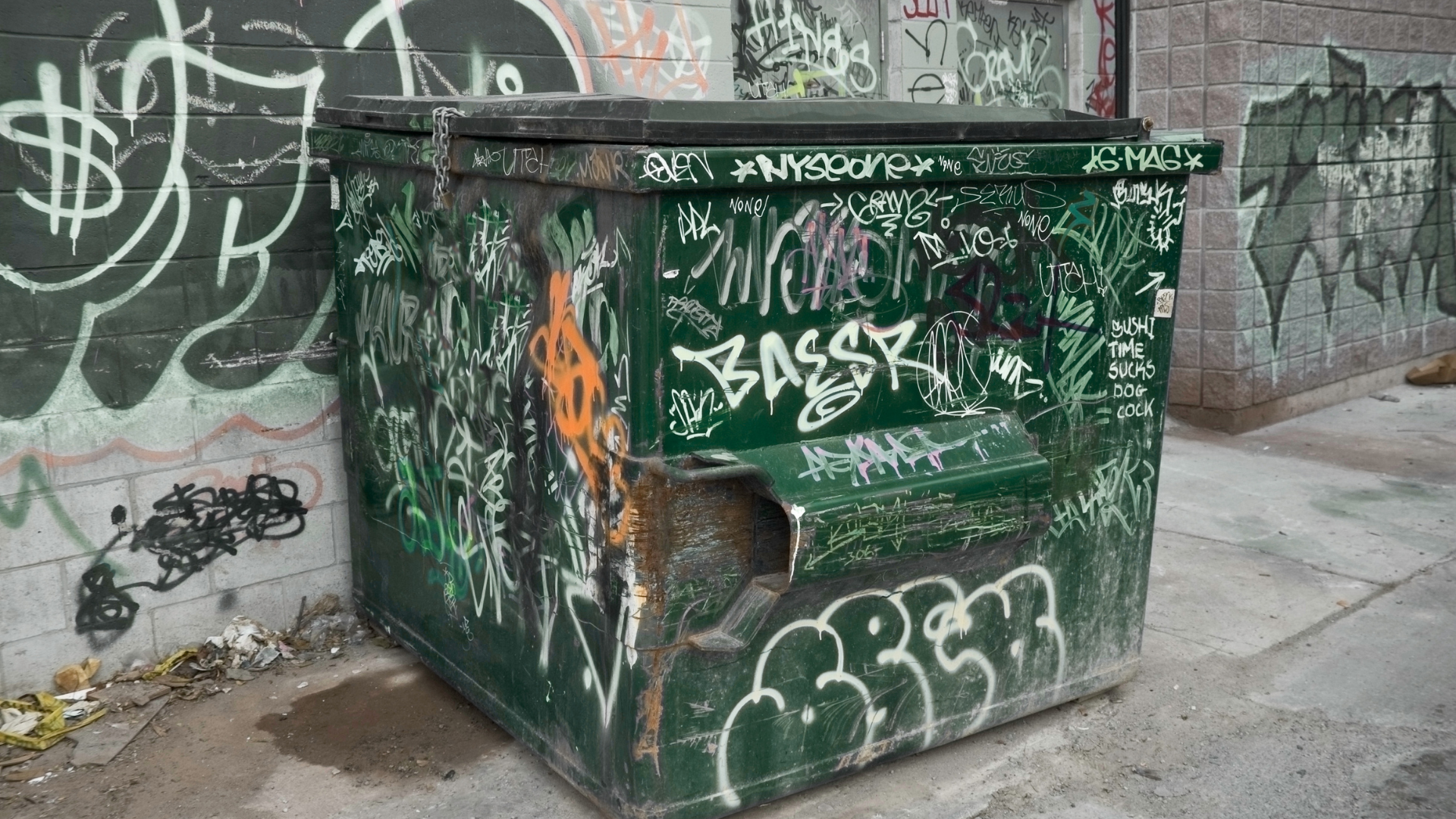 Yard waste being disposed into open roll off dumpster container
