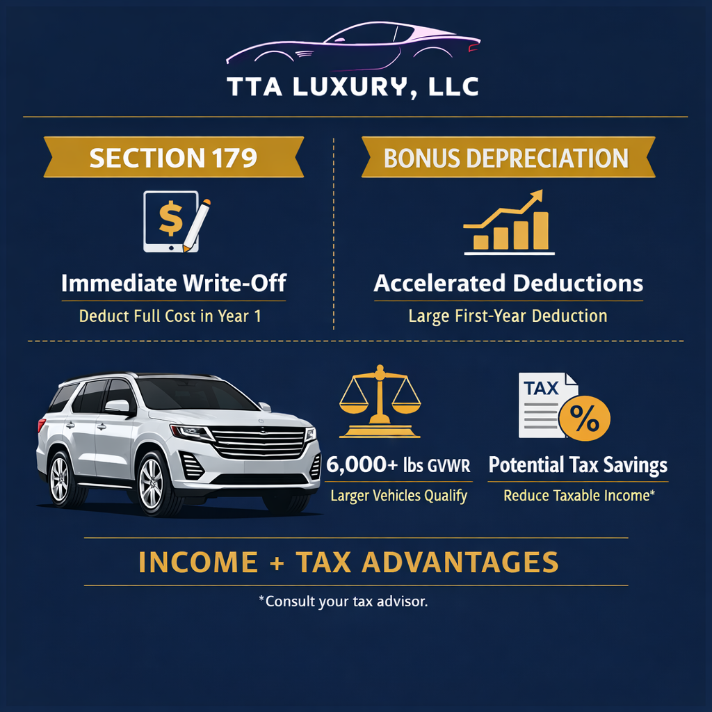 Section 179 and bonus depreciation tax benefits for business vehicles infographic