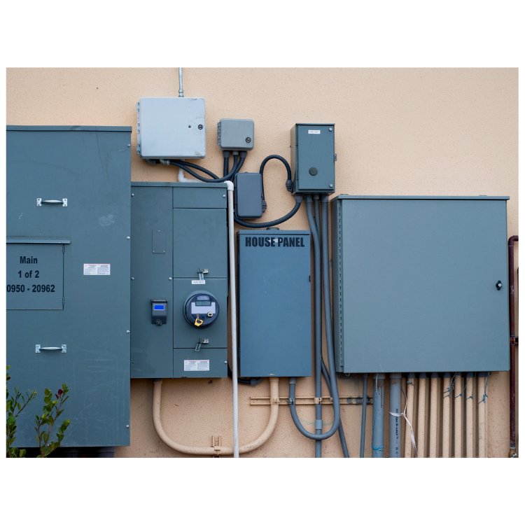 A building with a lot of electrical boxes on it