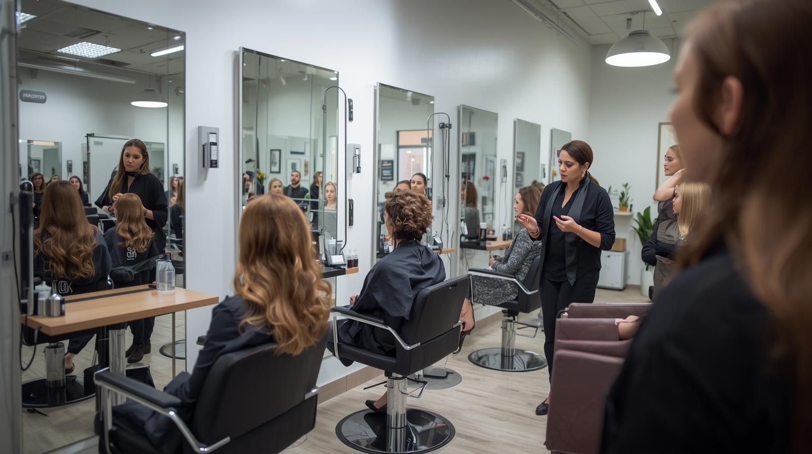 Hair salon with clients seated in mirrorside styling chairs while a stylist speaks to them