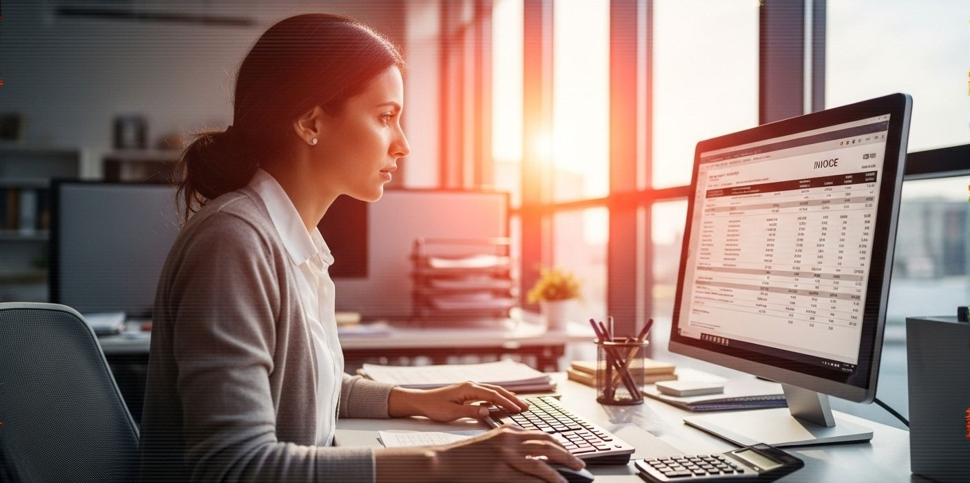 Woman working at computer, looking at a spreadsheet. She is in an office, bathed in sunlight.