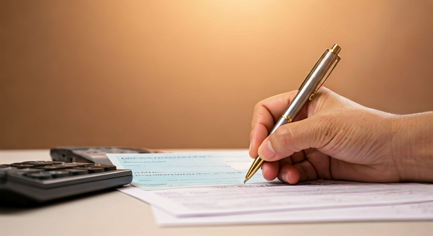 Person's hand writing with a pen on paper near a calculator, possibly completing a form.