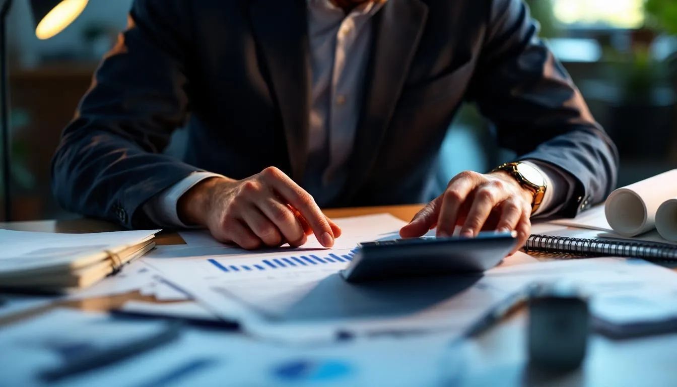 Man in suit calculating finances with calculator and charts at desk.