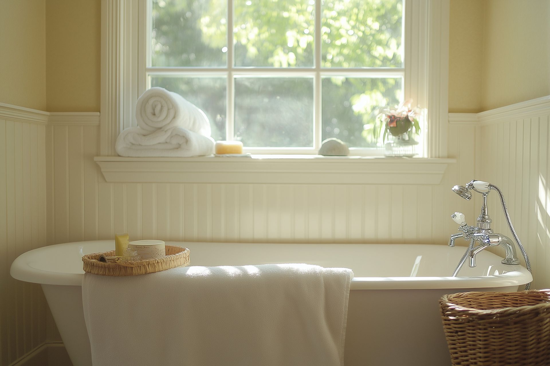 A sunny bathroom with a claw-foot tub, window, and a basket. A white towel lies on the tub's edge.