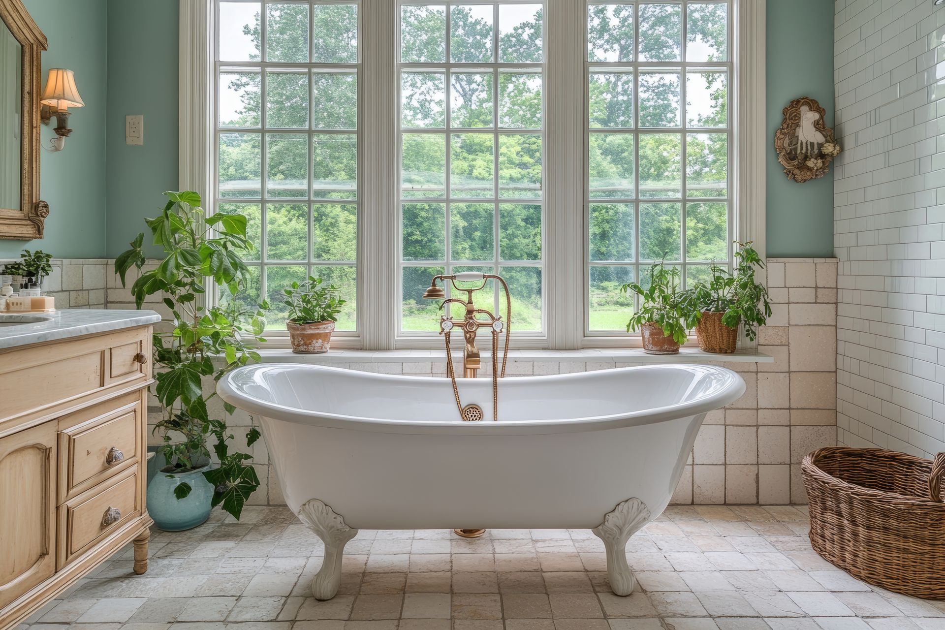 A light and airy bathroom featuring a claw-foot tub centered under a large window overlooking greenery.