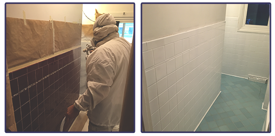 Person in protective suit spraying a tiled wall. The finished wall is white.