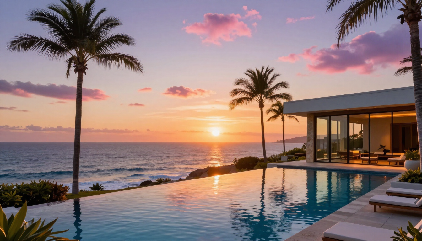 A stunning San Diego luxury resort pool at sunset overlooking the ocean.