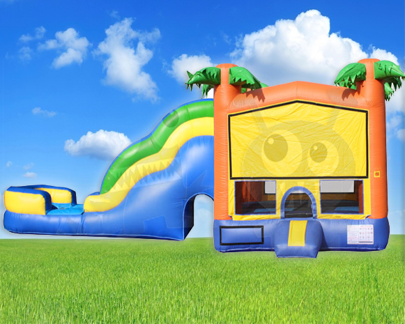 Colorful inflatable bounce house and slide on green grass under a blue sky