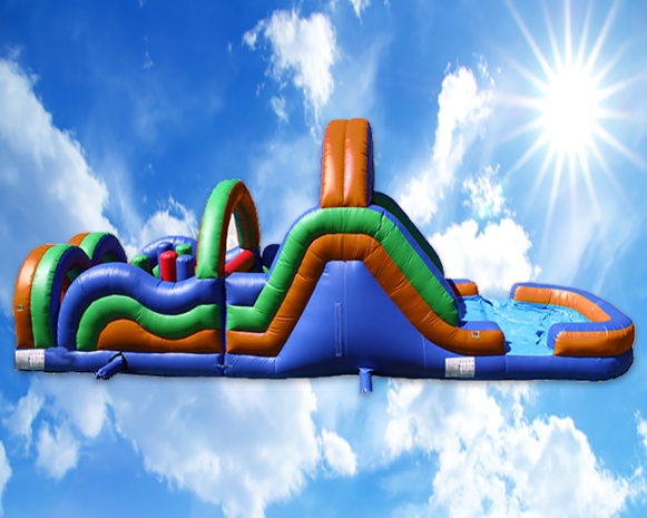 Colorful inflatable obstacle course with slides against a bright blue sky and sunburst
