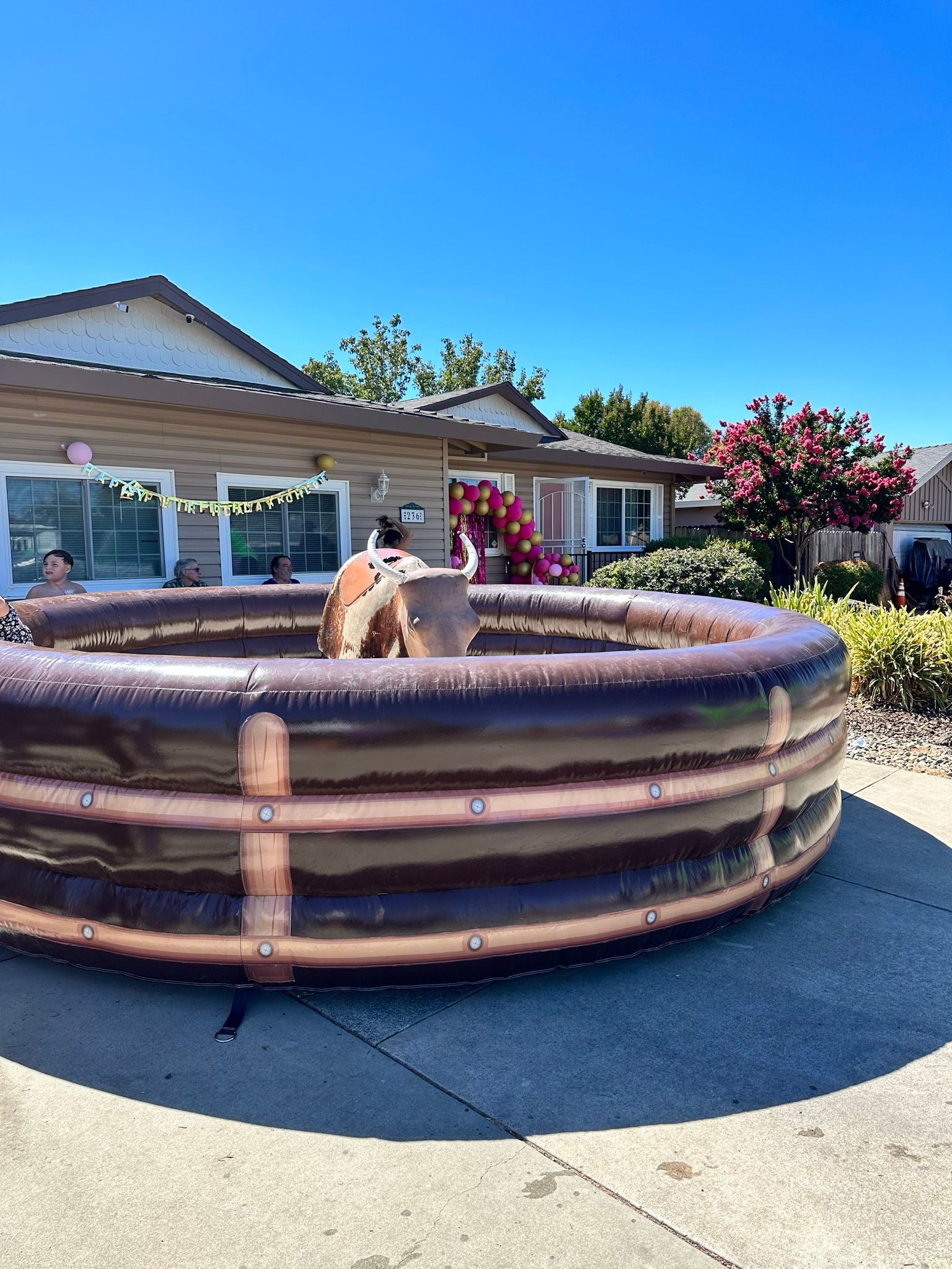 Large brown inflatable pool in a sunny driveway with a house and flowering bushes in the background