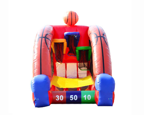 Colorful inflatable carnival game with numbered target slots and a yellow ball ramp
